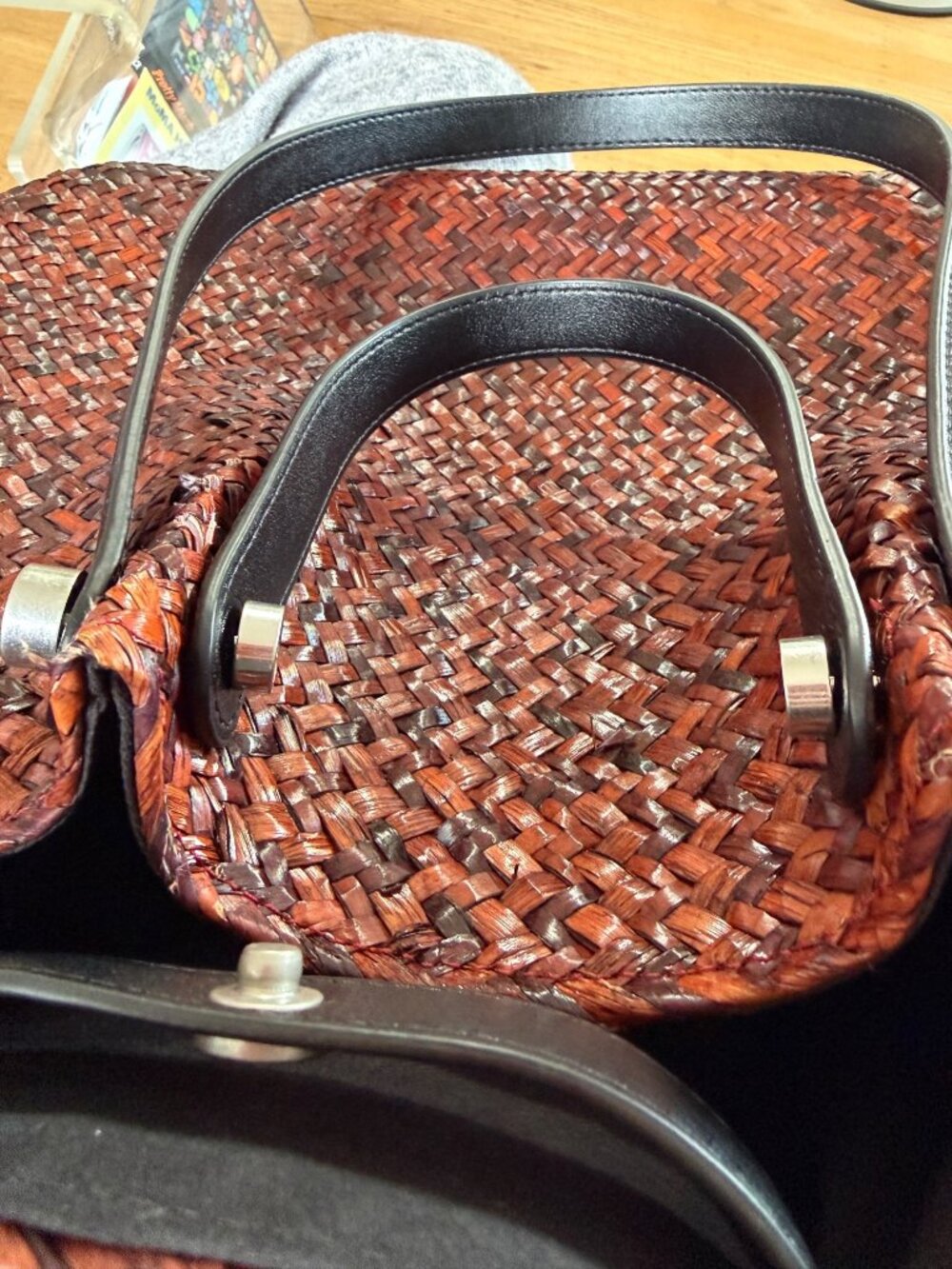 AllSaints Red Woven Tote Bag With Black Leather Handles & Matching Pouch - Picture 4 of 6